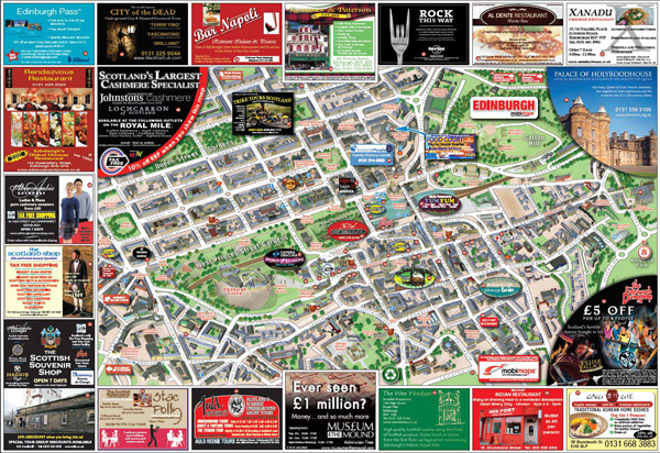 Large detailed tourist and info map of Edinburgh city center.