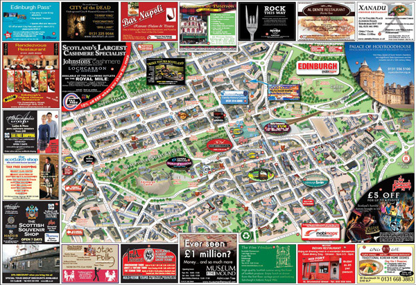 Large detailed tourist and info map of Edinburgh city center. Edinburgh city center large tourist and info map. Large detailed tourist and info map of Edinburgh city center.