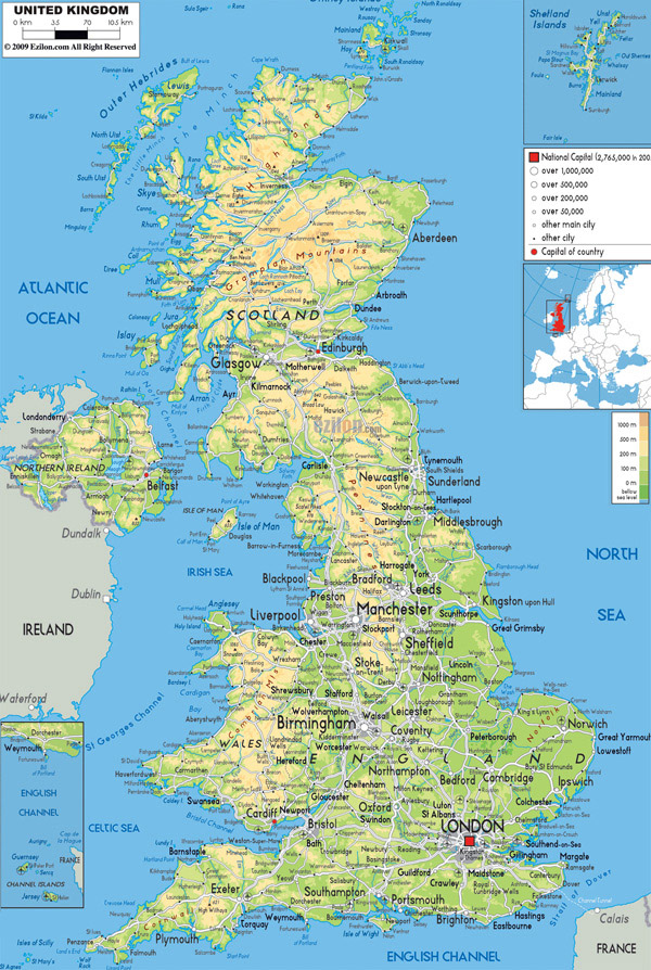 Large detailed physical map of United Kingdom with all roads, cities and airports.