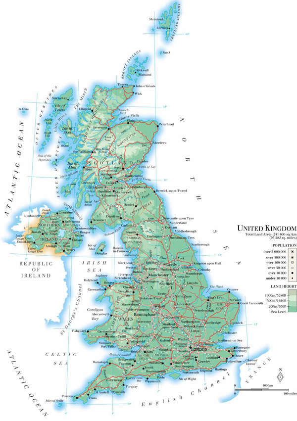 Large detailed physical map of United Kingdom with roads, cities and airports.