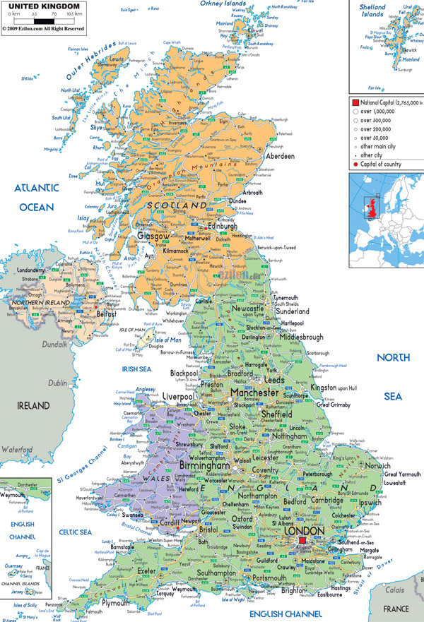 Large detailed political and administrative map of United Kingdom with all roads, cities and airports.