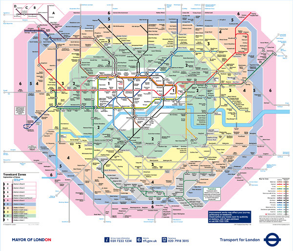 Large detailed public transport zones map of London city.