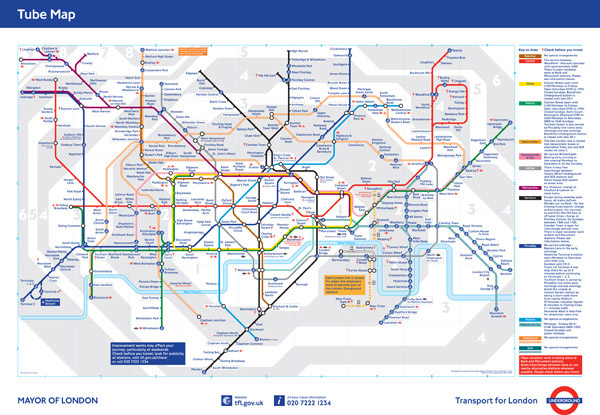 Large detailed tube map of London city.