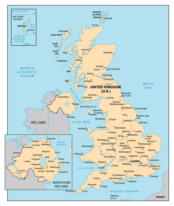 Map of United Kingdom (England) with cities.