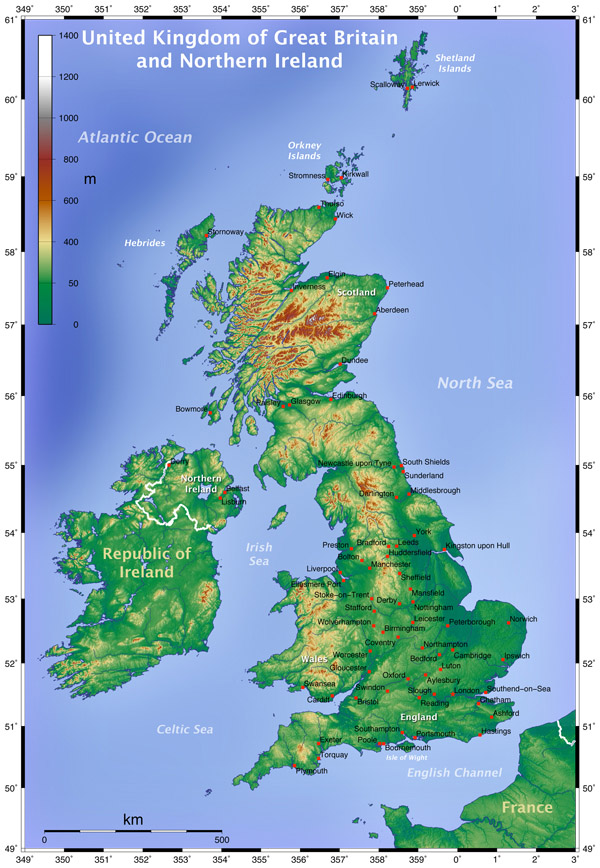 Physical map of Great Britain. Great Britain physical map.