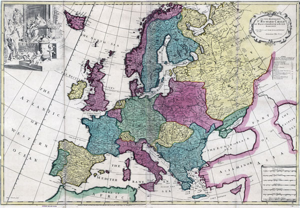 Large detailed old political map of Europe – 17xx.