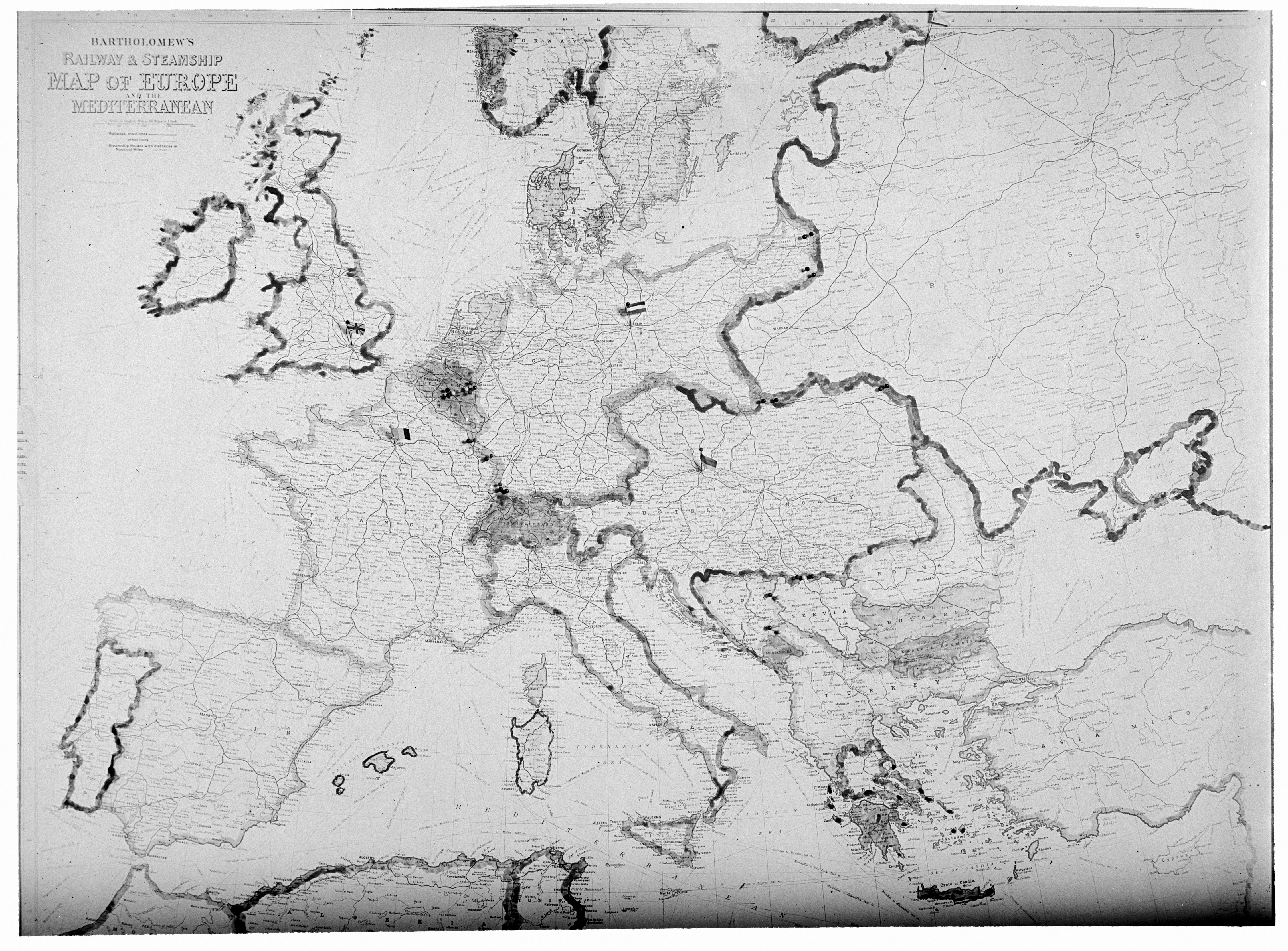 Large Detailed Old Railway And Steamship Map Of Europe 1913