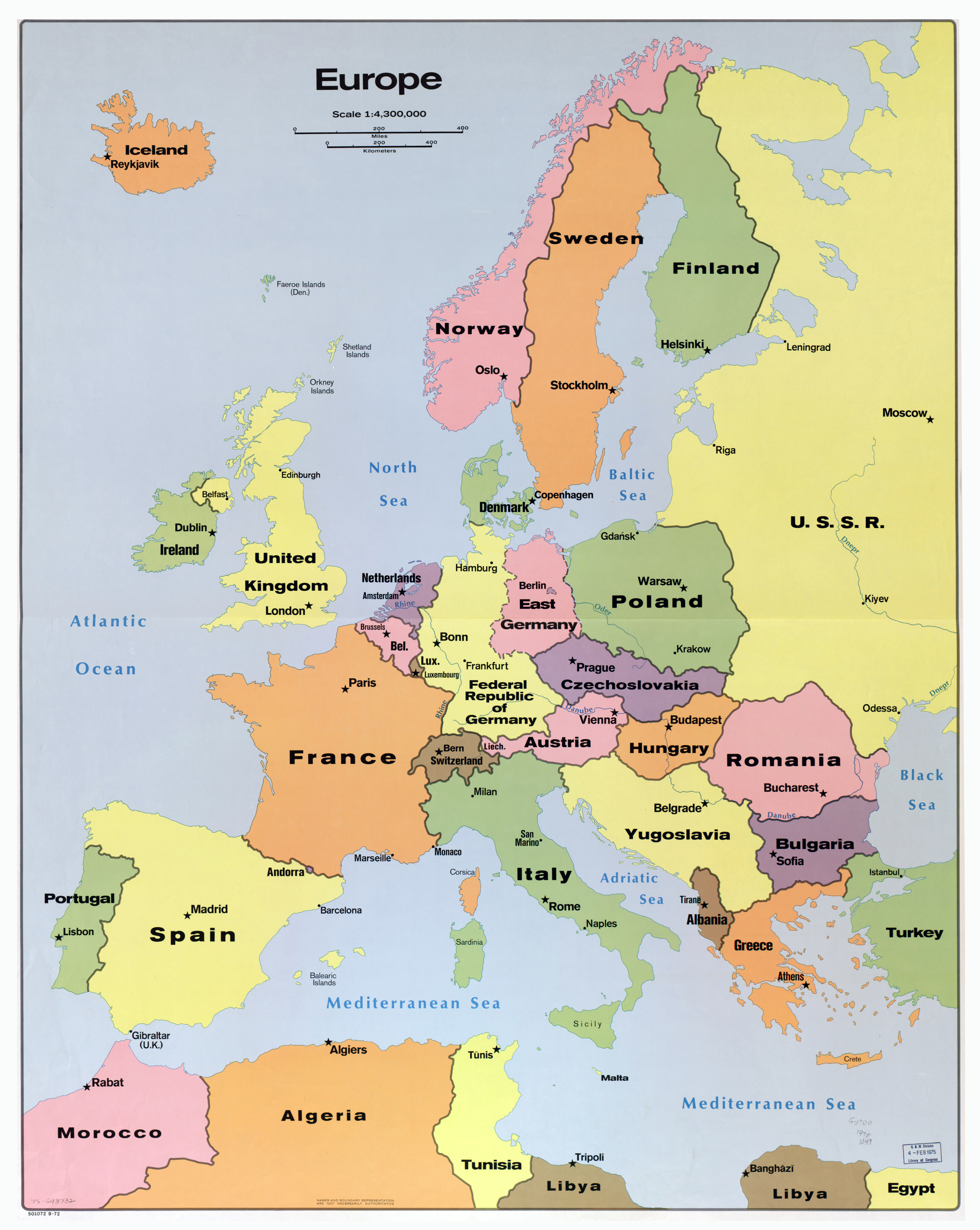 Large Scale Old Political Map Of Europe With Capitals 1972