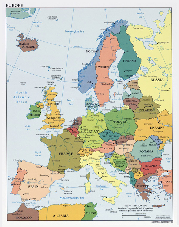 Political map of Europe with all capitals.