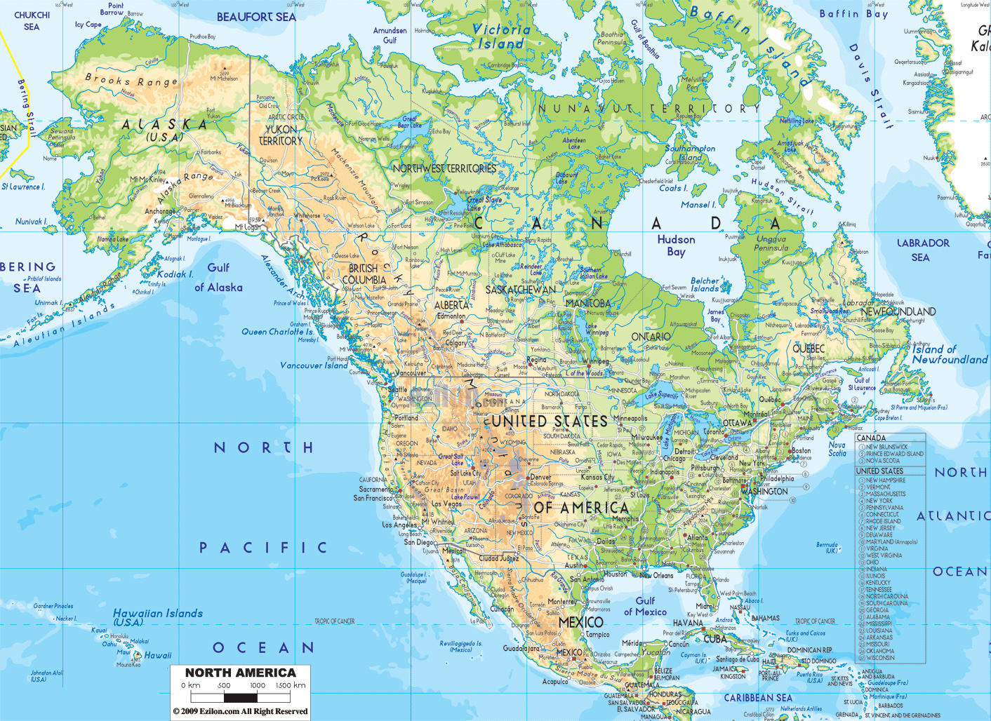 Detailed Physical Map Of North America With Roads And Cities