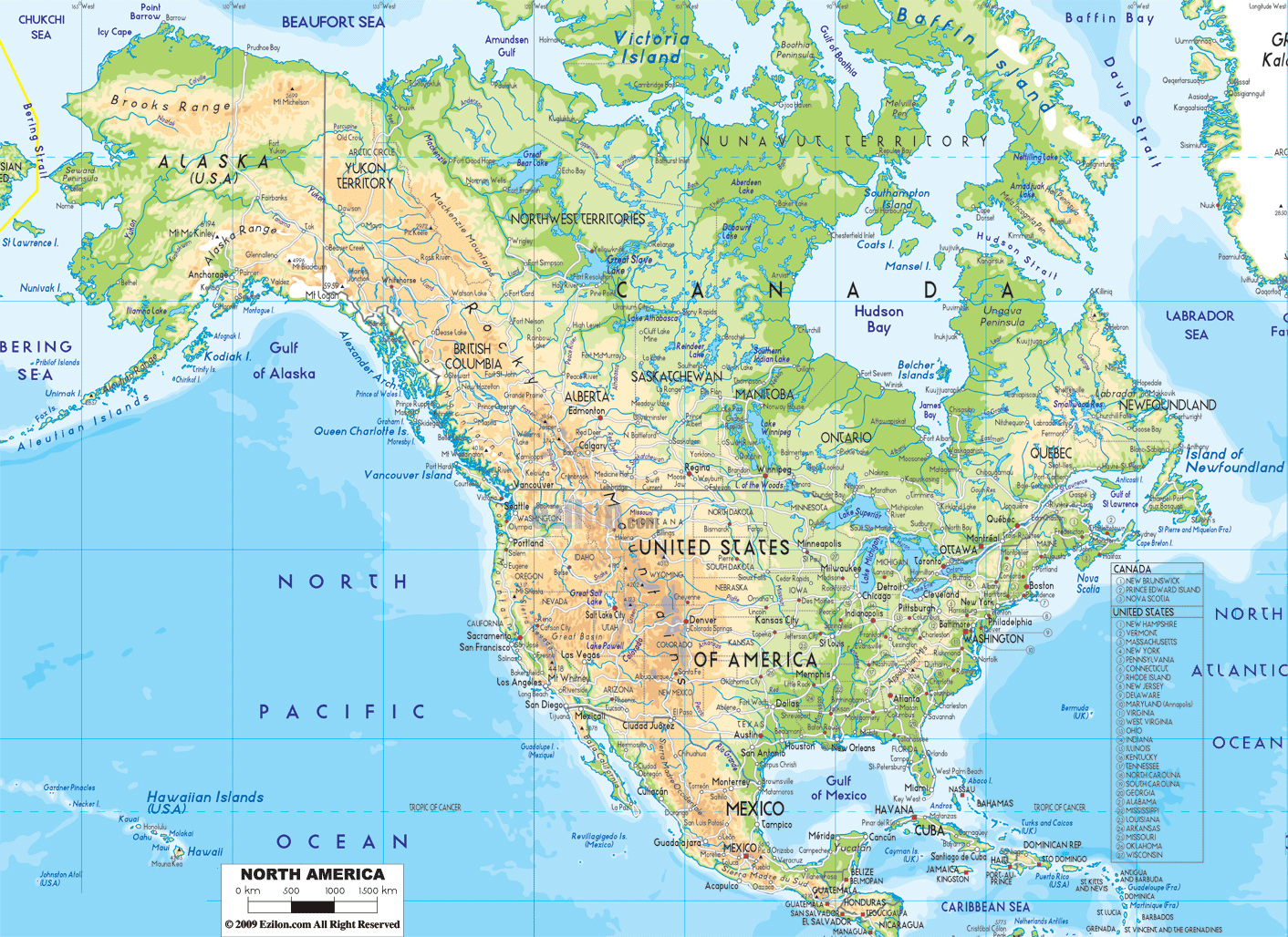 Detailed physical map of North America with roads and cities | Vidiani