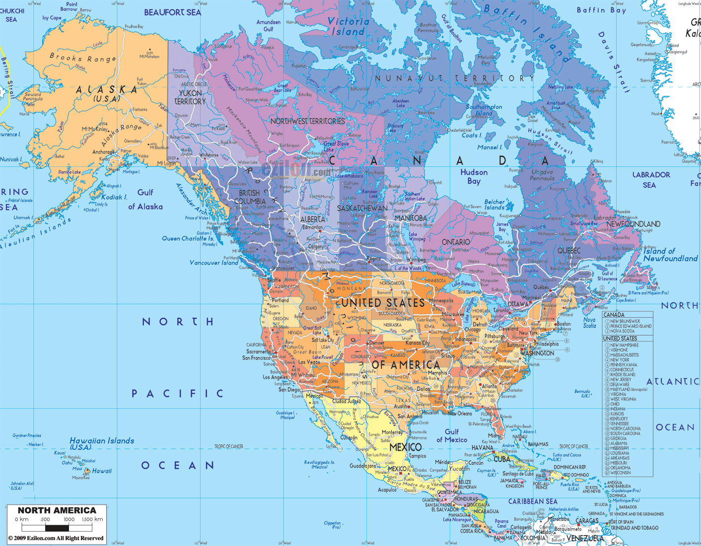 Detailed political map of North America with roads Maps