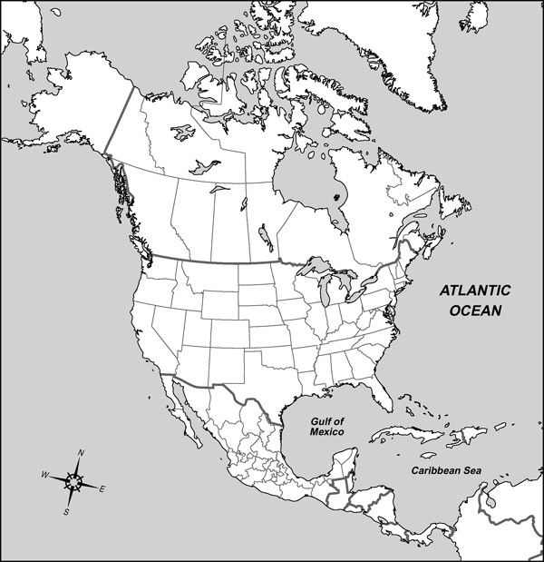 Large detailed contour political map of North America.