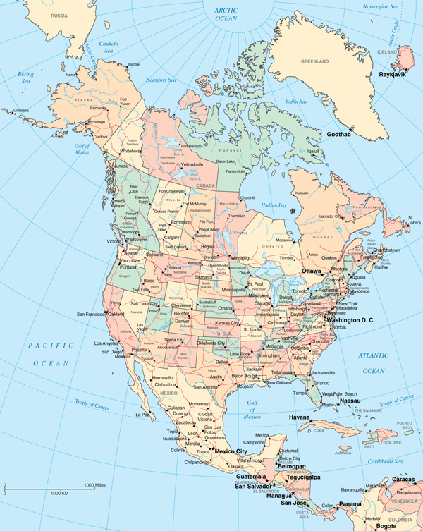Large detailed political and administrative map of North America.