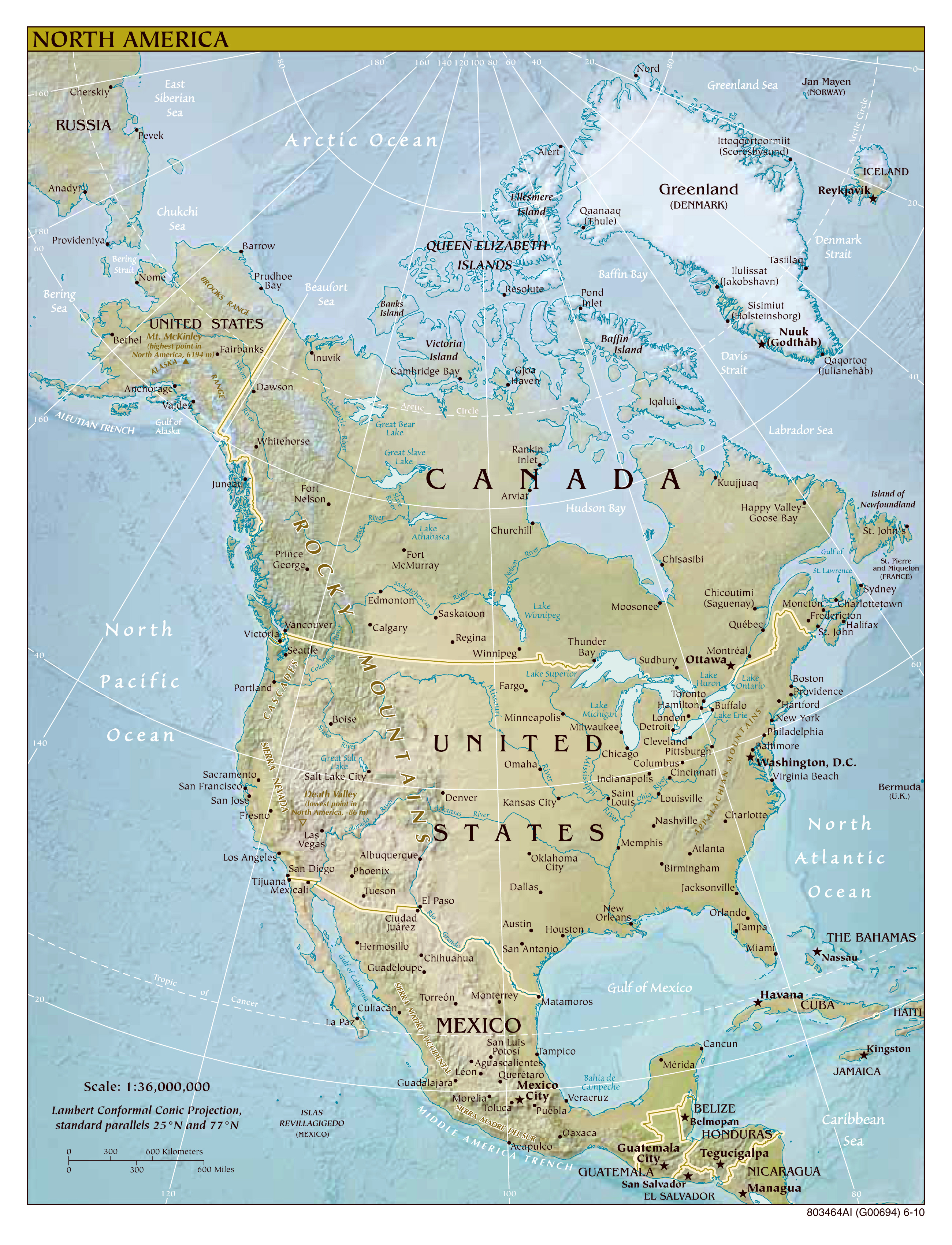 Large Detailed Relief And Political Map Of North America With The