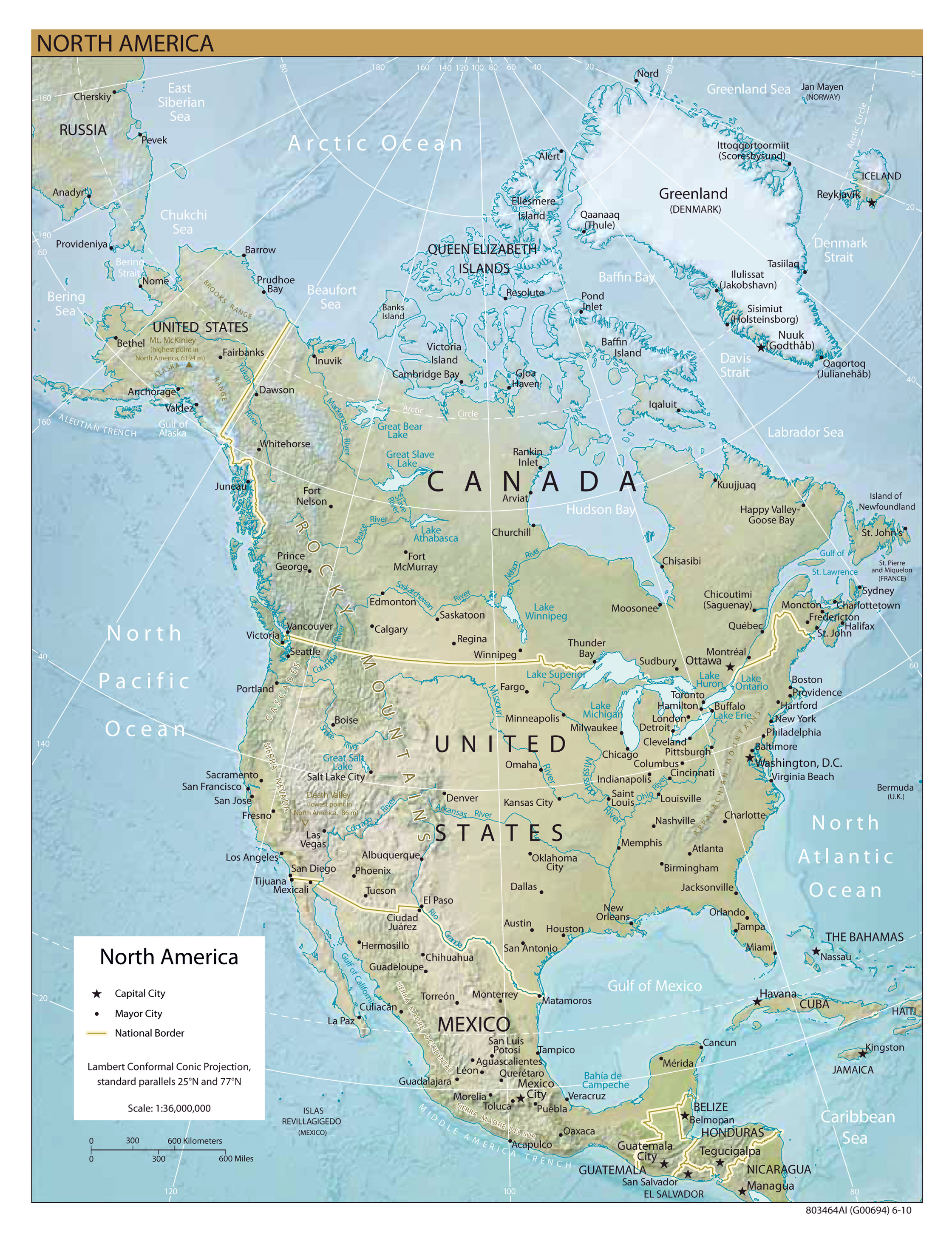 Large detailed relief map of North America. North America large