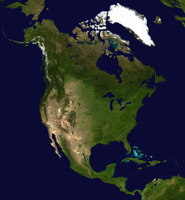 Large detailed satellite map of North America.
