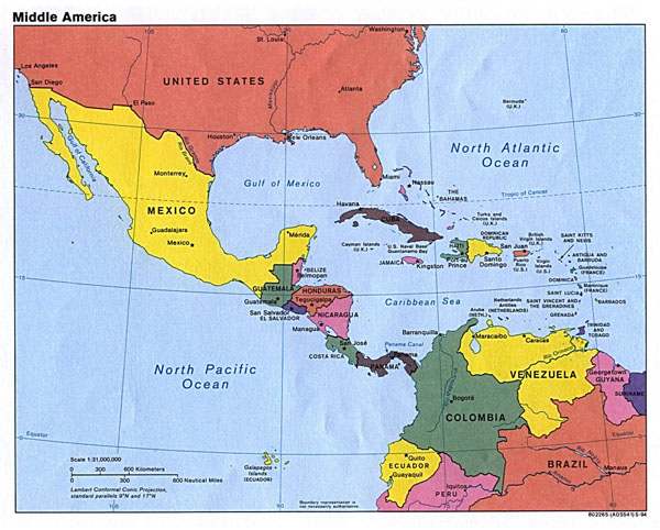 Large political map of Middle America with major cities and capitals - 1994.