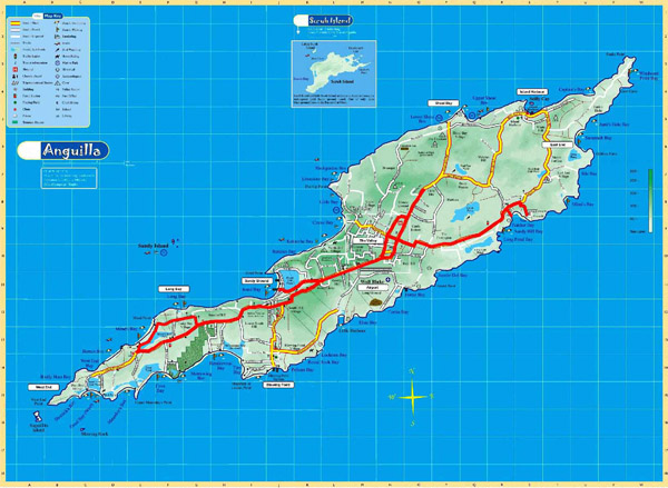 Large detailed road and physical map of Anguilla.