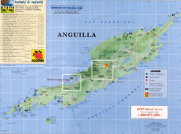 Large detailed road map and tourist map of Anguilla with hotels.