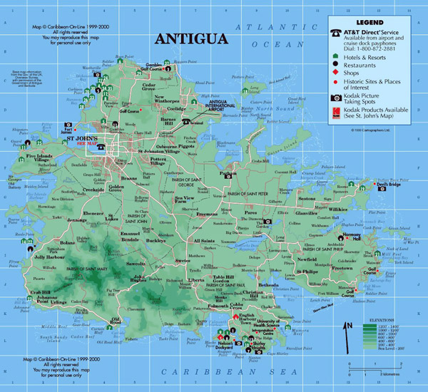 Detailed road and physical map of Antigua. Antigua detailed road and physical map.