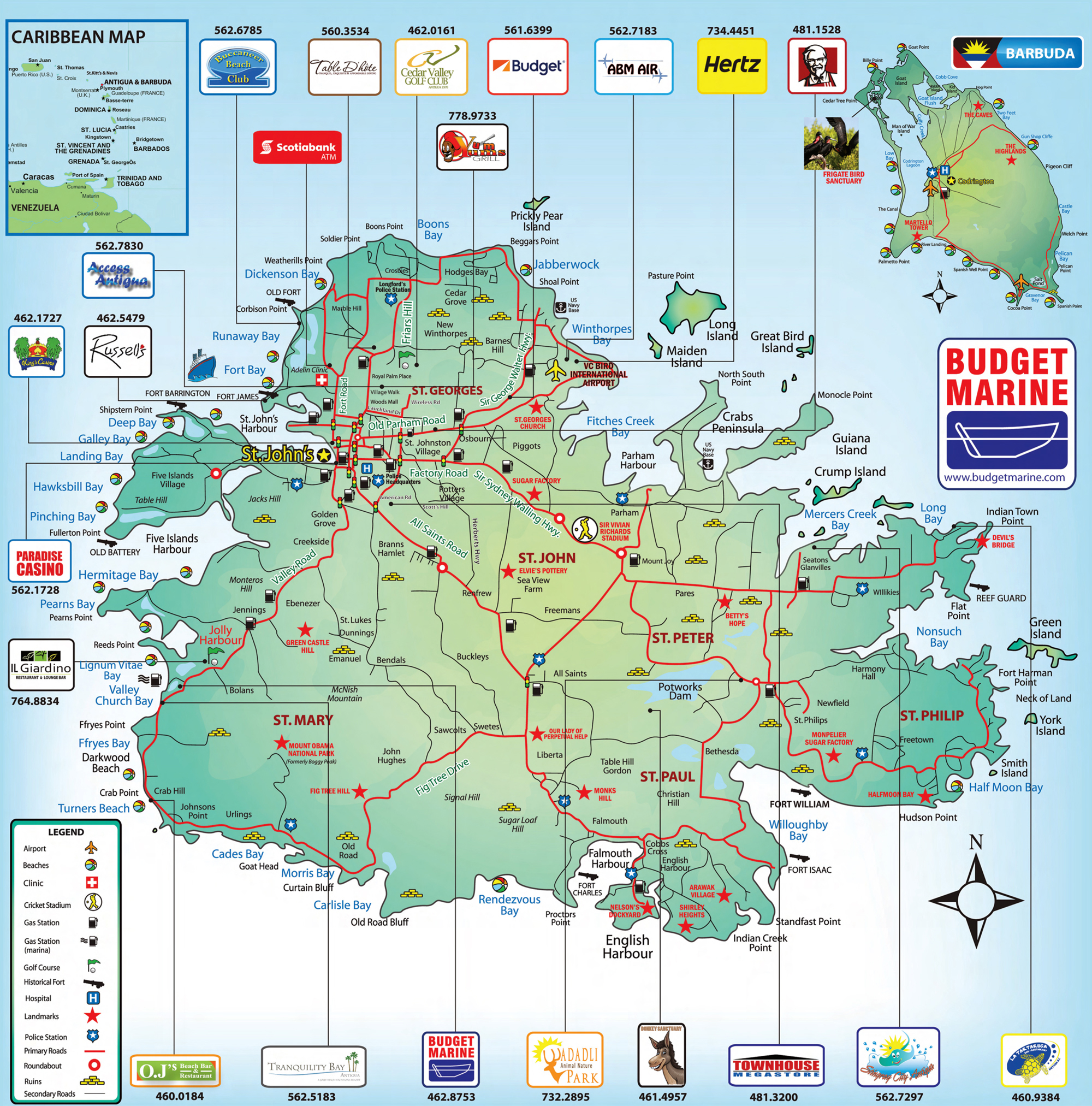 Detailed road and tourist map of Antigua. Antigua detailed road and