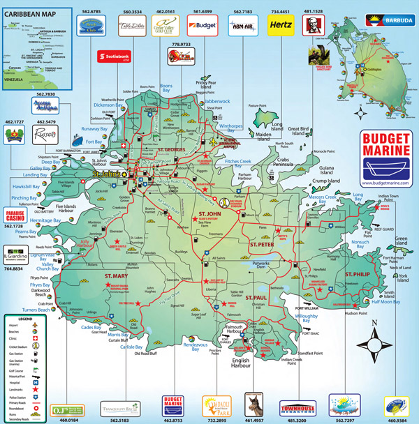 Detailed road and tourist map of Antigua. Antigua detailed road and tourist map.