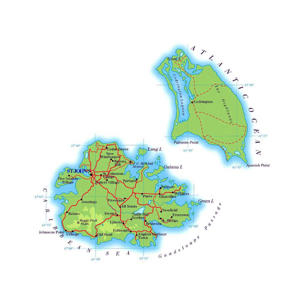 Detailed road map of Antigua and Barbuda.