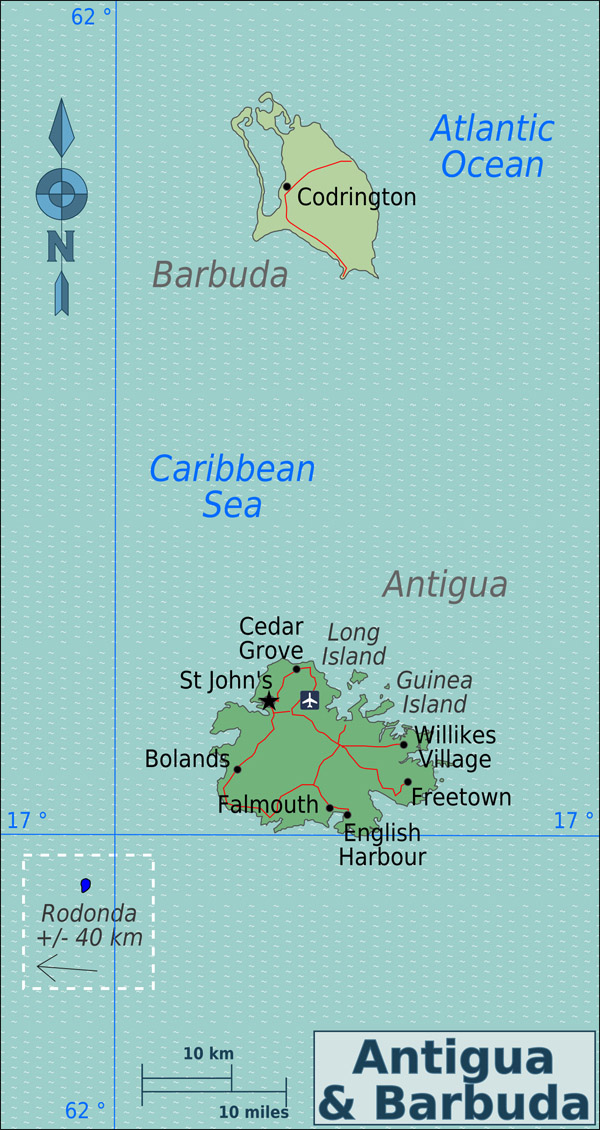 Political and road map of Antigua and Barbuda.