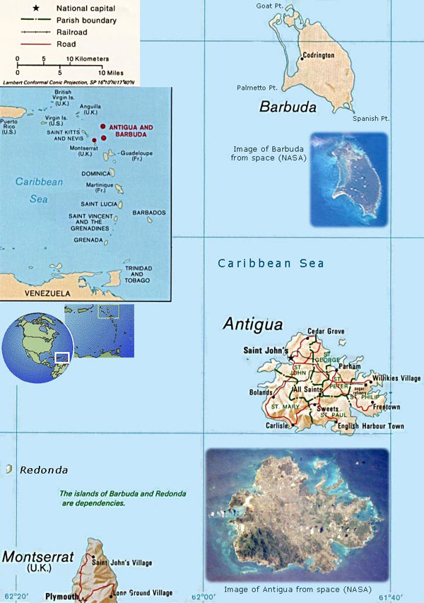 Relief and road map of Antigua and Barbuda. Antigua and Barbuda relief and road map.