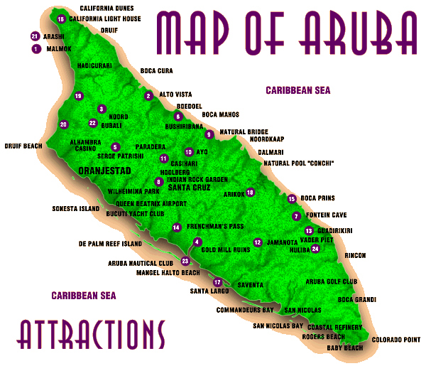 Attractions map of Aruba. Aruba attractions map.