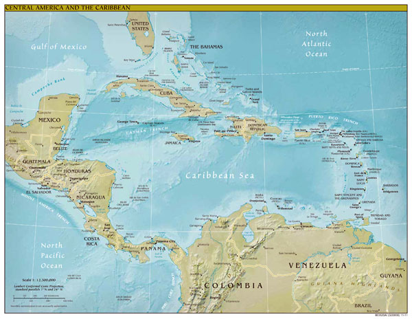 Large detailed political and relief map of Central America and the Caribbean.