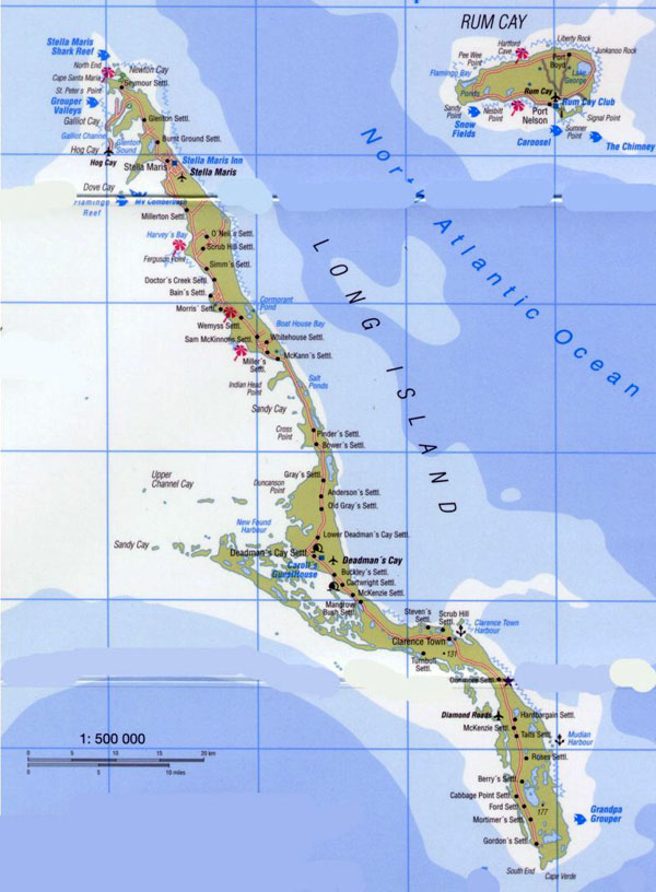 Large detailed tourist map of Long Island in Bahamas.