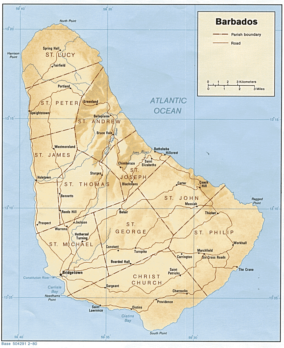 Large detailed administrative and relief map of Barbados. Barbados