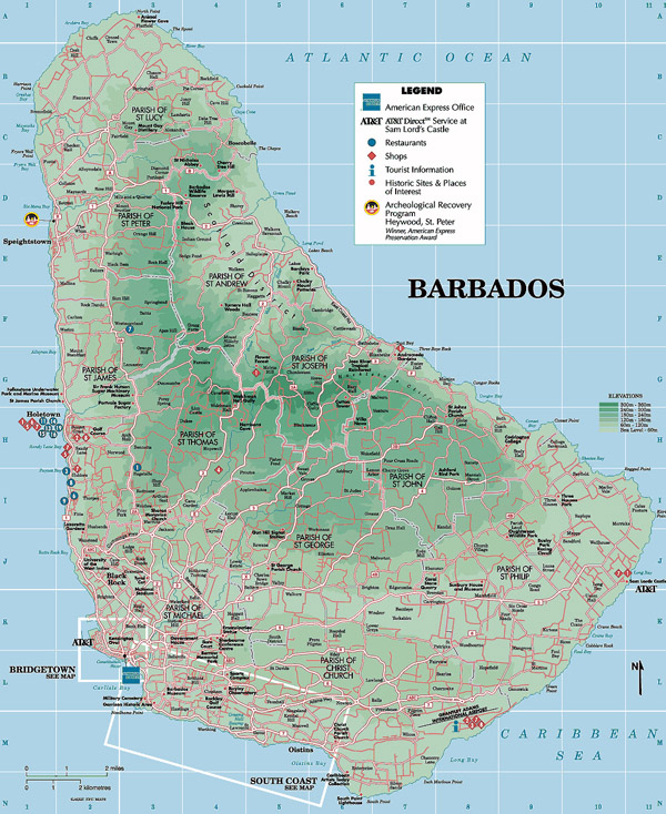 Large detailed physical and tourist map of Barbados.