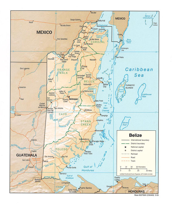 Large detailed administrative and relief map of Belize.