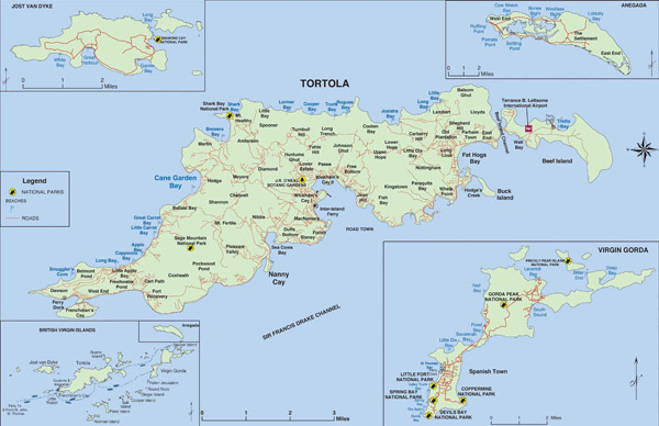 Large detailed map of Tortola British Virgin Islands.