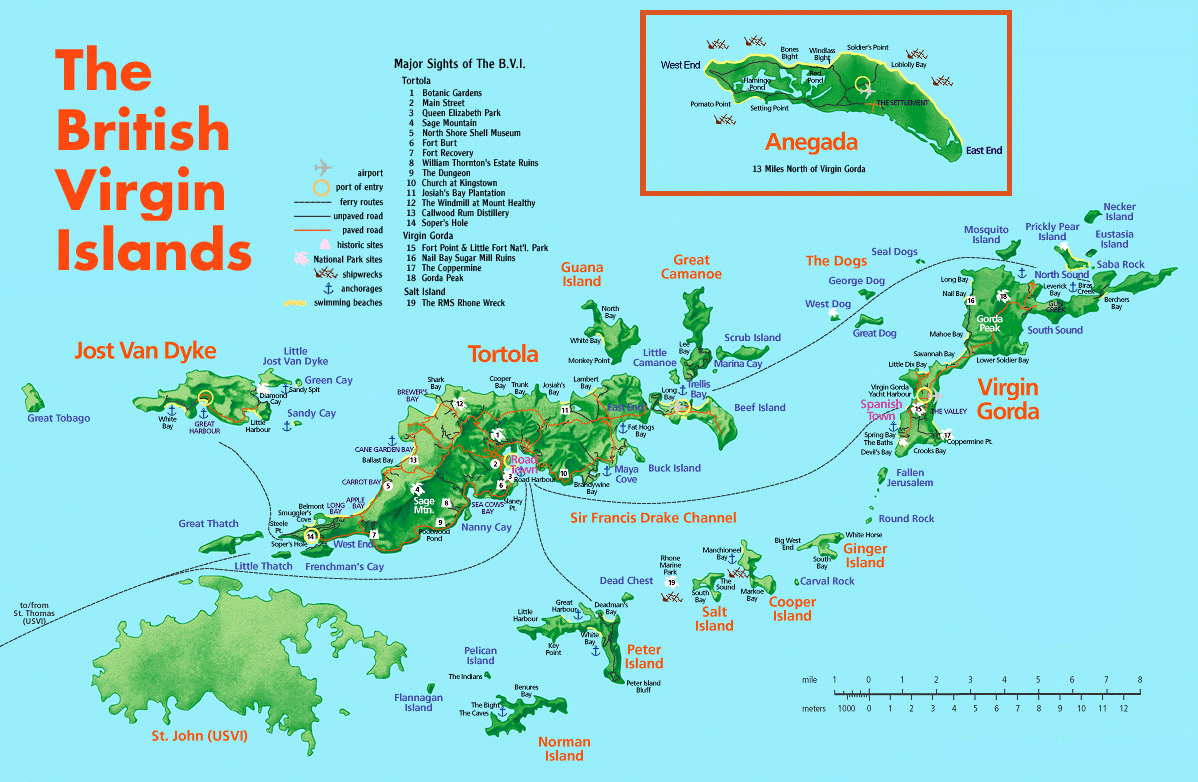 Large detailed road and tourist map of British Virgin Islands. British