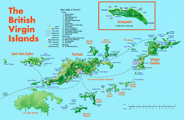 Large detailed road and tourist map of British Virgin Islands.