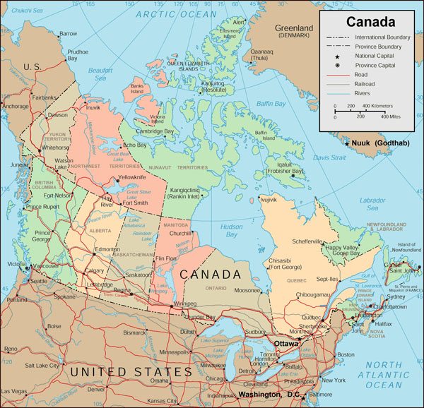 Detailed political and administrative map of Canada with roads and major cities.