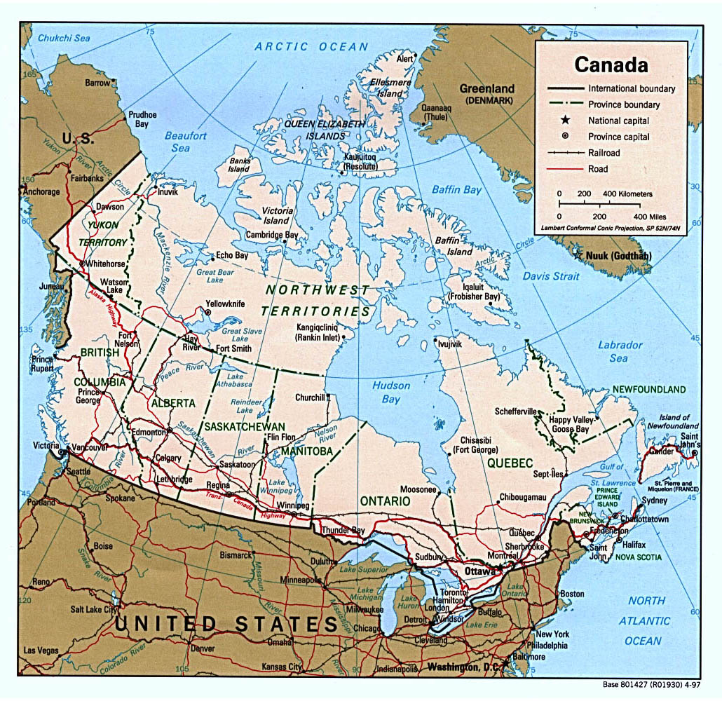 Detailed political map of Canada with administrative divisions, roads