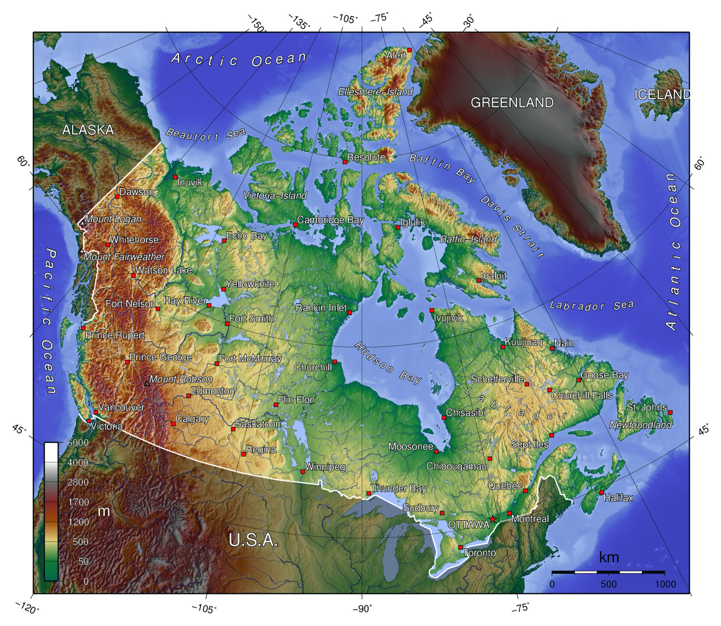 Detailed topographical map of Canada. Canada detailed topographical map