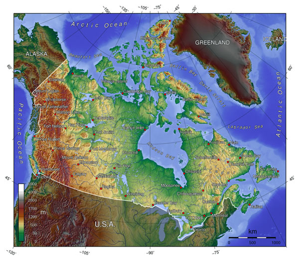 Detailed topographical map of Canada. Canada detailed topographical map.