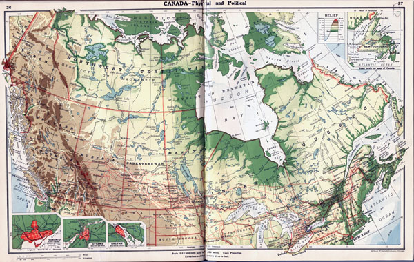 Large detailed old physical and political map of Canada.