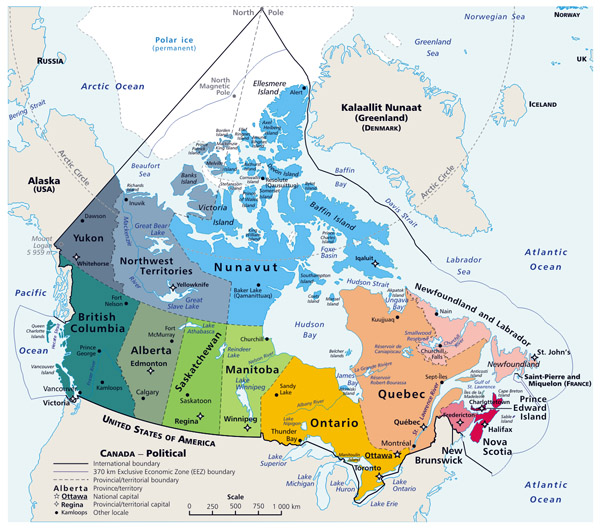 Large detailed political and administrative map of Canada with major cities.