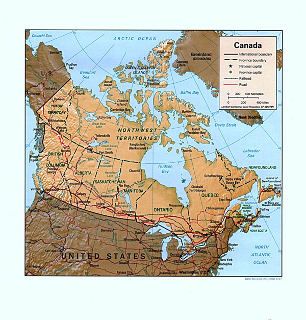 Large detailed relief and administrative map of Canada.