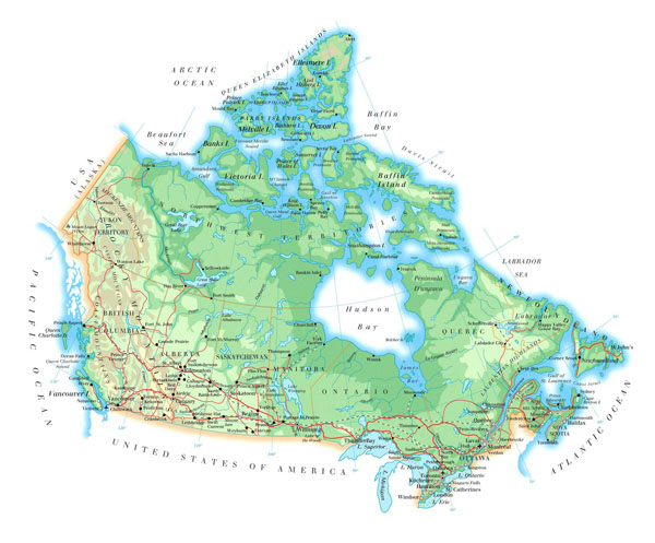 Large detailed road and physical map of Canada.