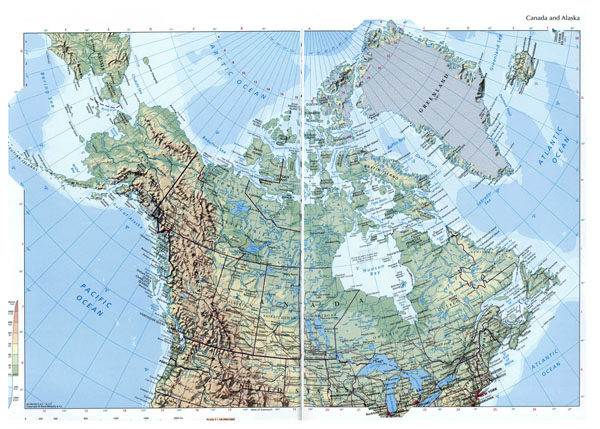 Large elevation map of Canada and Alaska with roads and cities.