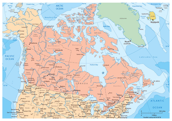 Large political and administrative map of Canada with major cities.