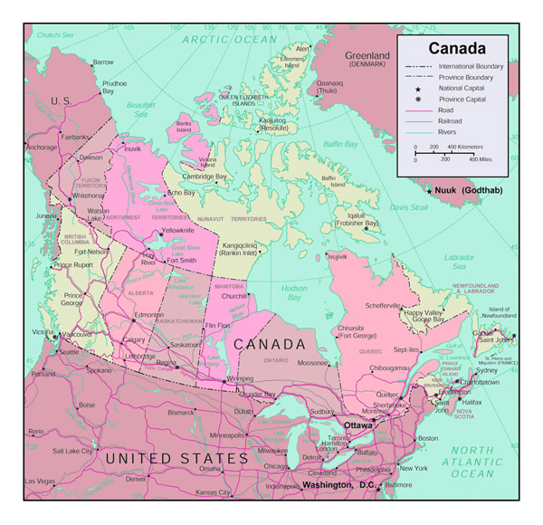 Large political and administrative map of Canada with roads and major cities.